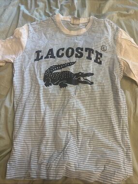 Lacoste Light Blue & White Striped Logo Tee